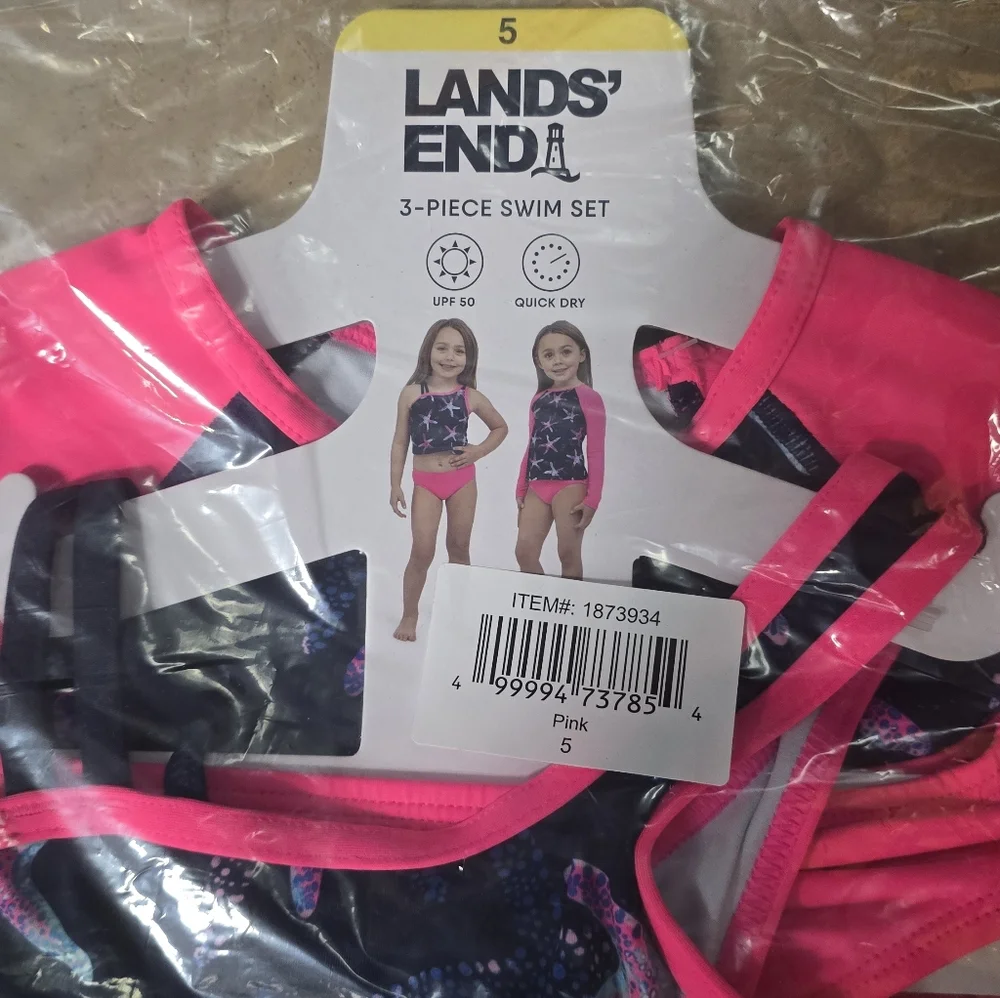 NEW Lands End Girls rash guard top, bikini top and bottom swim set, New 3 Piece